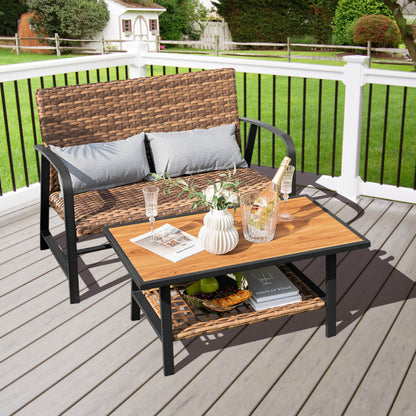 2 Piece Patio Rattan Coffee Table Set with Shelf