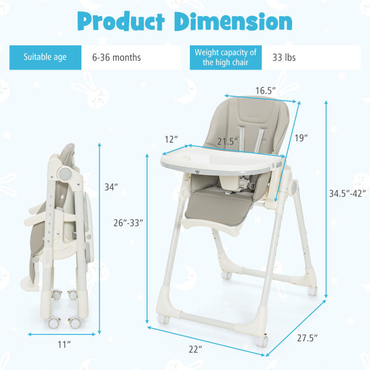 Folding High Chair with Height Adjustment and 360° Rotating Wheels