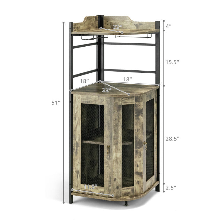 Industrial Corner Bar Cabinet with Glass Holder and Adjustable Shelf