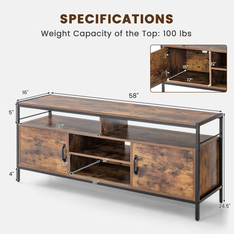 58-Inch Industrial TV Stand with Cabinets and Adjustable Shelf for TVs Up to 65-Inch