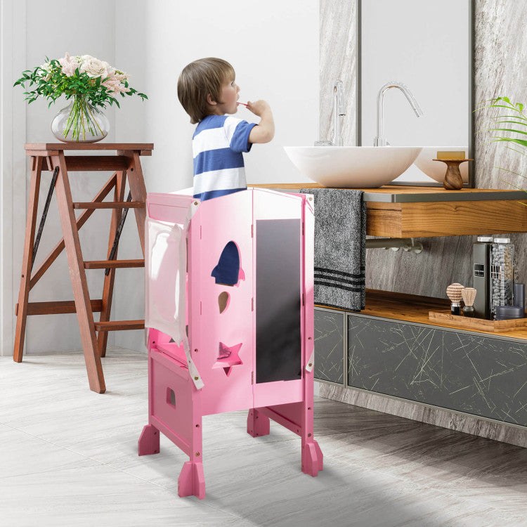 Wooden Folding Kids Kitchen Step Stool with 2-Level Adjustable Height