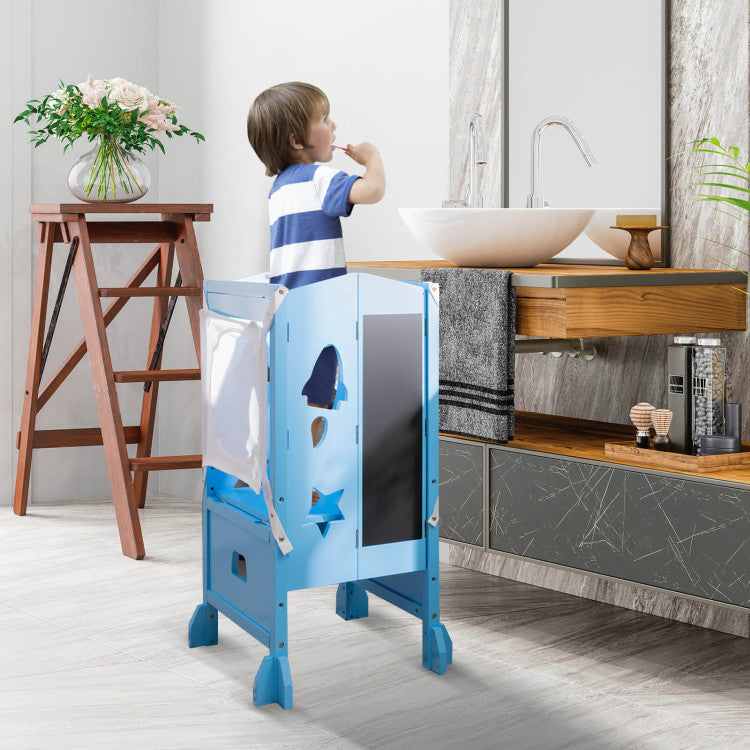 Wooden Folding Kids Kitchen Step Stool with 2-Level Adjustable Height
