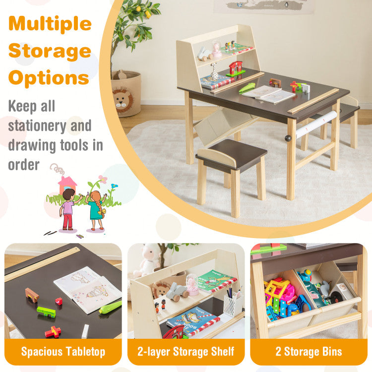 Kids Art Table and Chairs Set with Paper Roll and Storage Bins