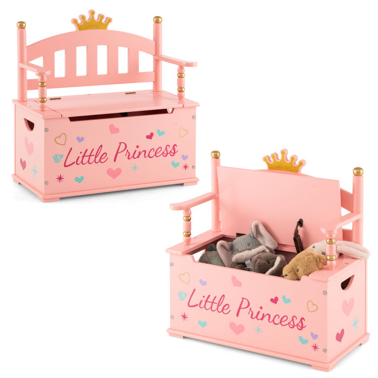 2-In-1 Kids Princess Wooden Toy Box with Safe Hinged Lid