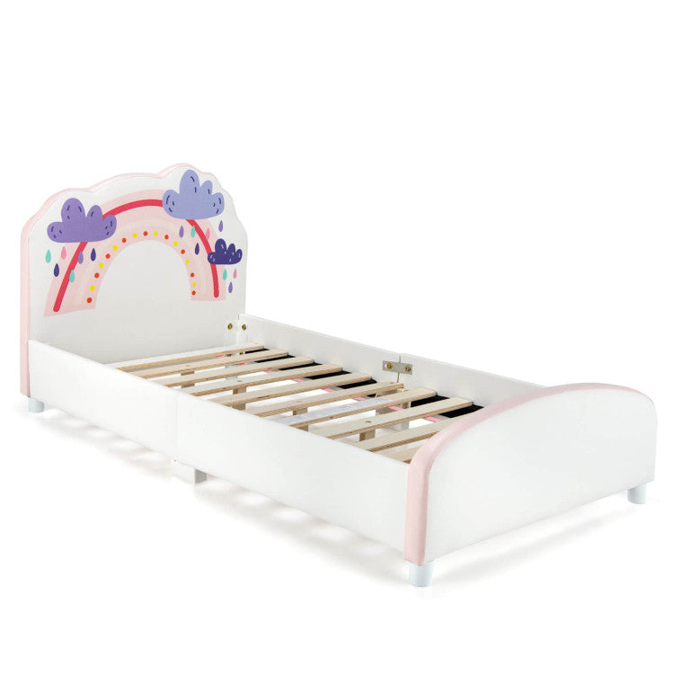 Kids Twin-Size Upholstered Platform Wooden Bed with Rainbow Pattern