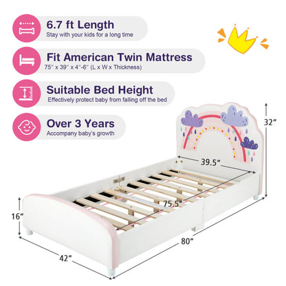 Kids Twin-Size Upholstered Platform Wooden Bed with Rainbow Pattern