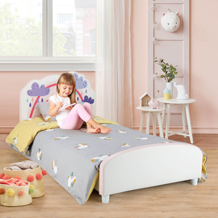 Kids Twin-Size Upholstered Platform Wooden Bed with Rainbow Pattern
