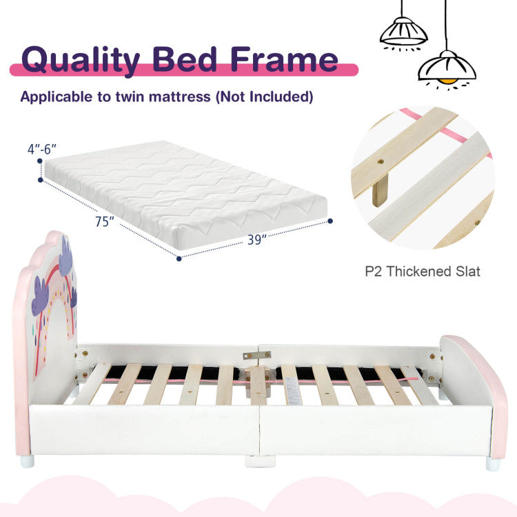 Kids Twin-Size Upholstered Platform Wooden Bed with Rainbow Pattern