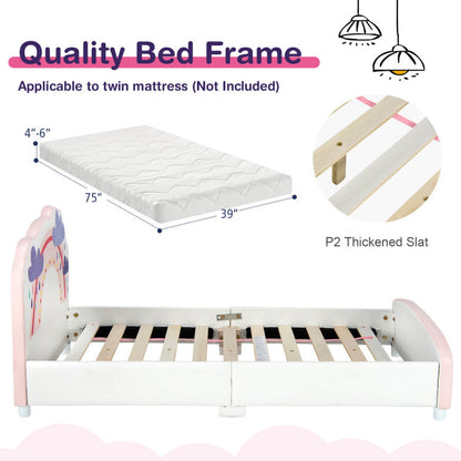 Kids Twin-Size Upholstered Platform Wooden Bed with Rainbow Pattern