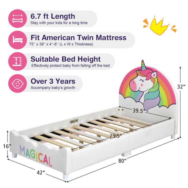 Unicorn Children's Twin-Size Upholstered Platform Single Bed