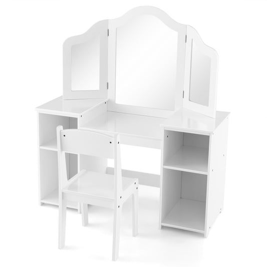 Kids Vanity Table and Chair Set with Removable Tri-Folding Mirror