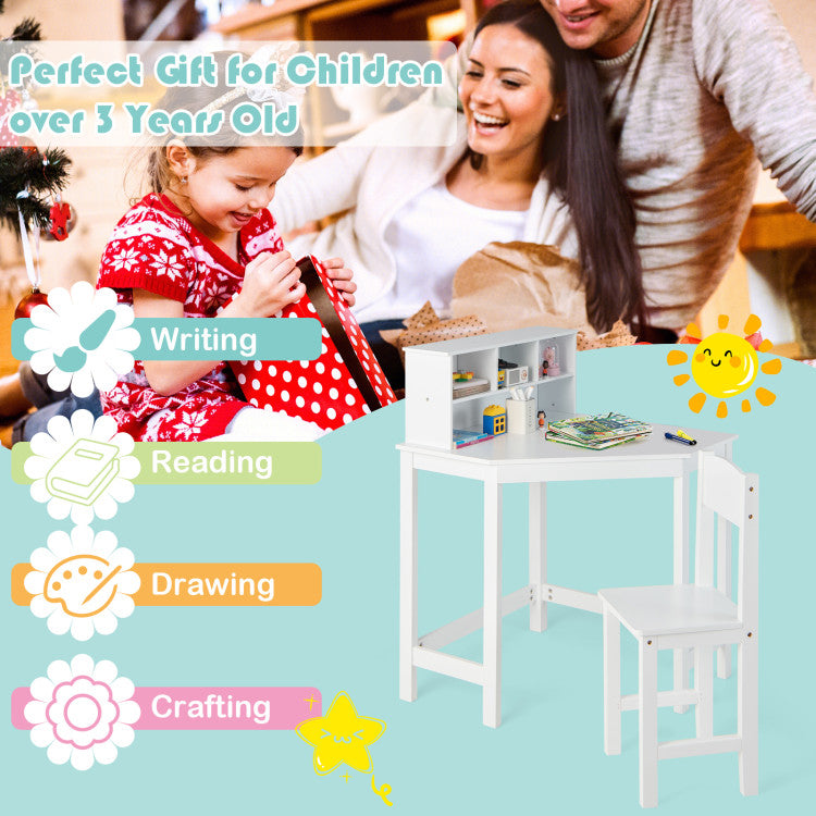 Kids Wooden Corner Desk and Chair Set with Hutch and Storage