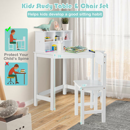 Kids Wooden Corner Desk and Chair Set with Hutch and Storage