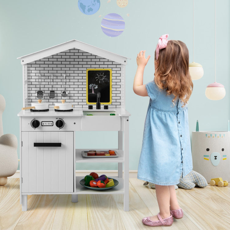 Kids Wooden Kitchen Play Set with Storage Shelves and Accessories