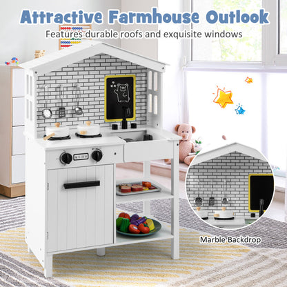 Kids Wooden Kitchen Play Set with Storage Shelves and Accessories