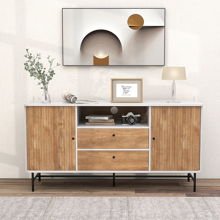 Mid Century Modern Buffet Sideboard with Sliding Tambour Doors and 2 Storage Drawers