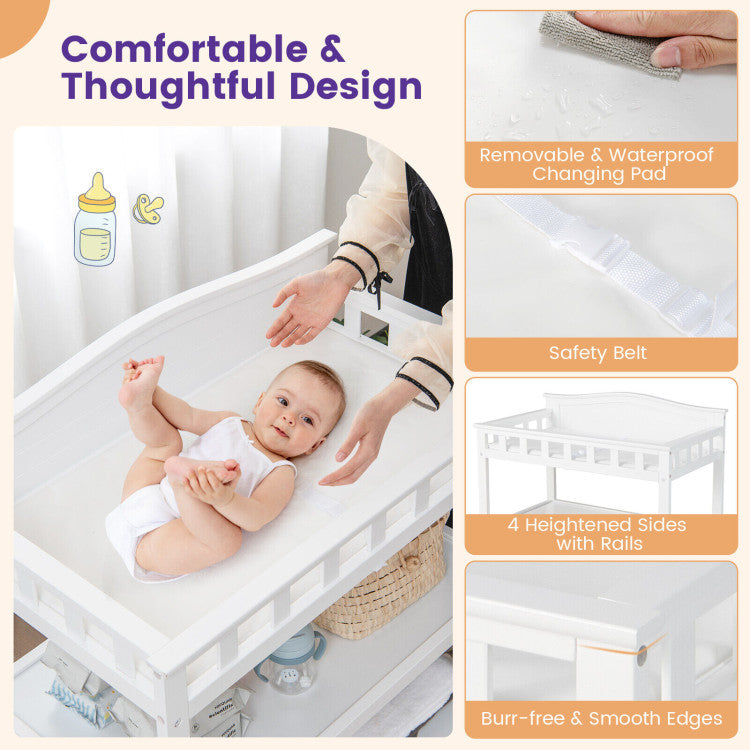 Mobile Changing Table with Waterproof Pad and Two Open Shelves