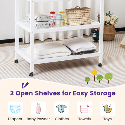 Mobile Changing Table with Waterproof Pad and Two Open Shelves