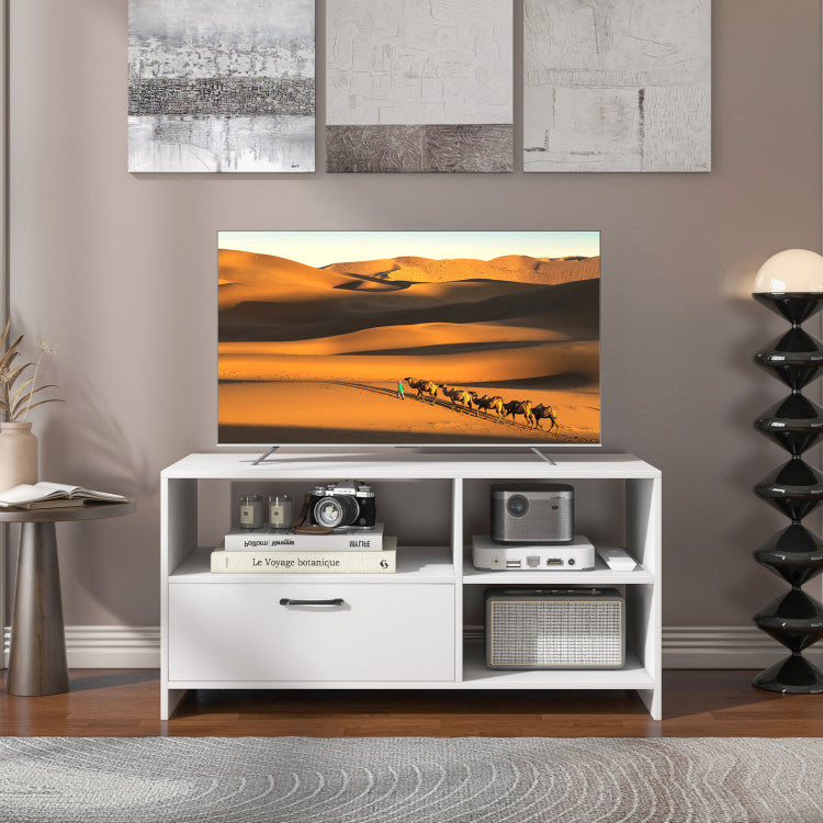 Modern Media Console Table with 3 Open Compartments and 1 Storage Drawer