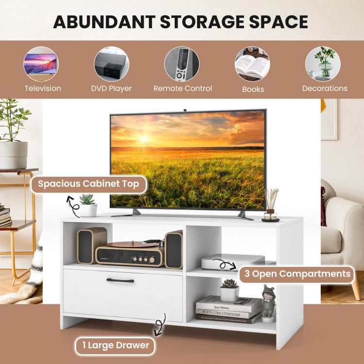 Modern Media Console Table with 3 Open Compartments and 1 Storage Drawer