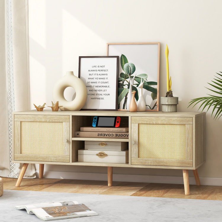 PE Rattan Media Console Table with Two Cabinets and Open Shelves