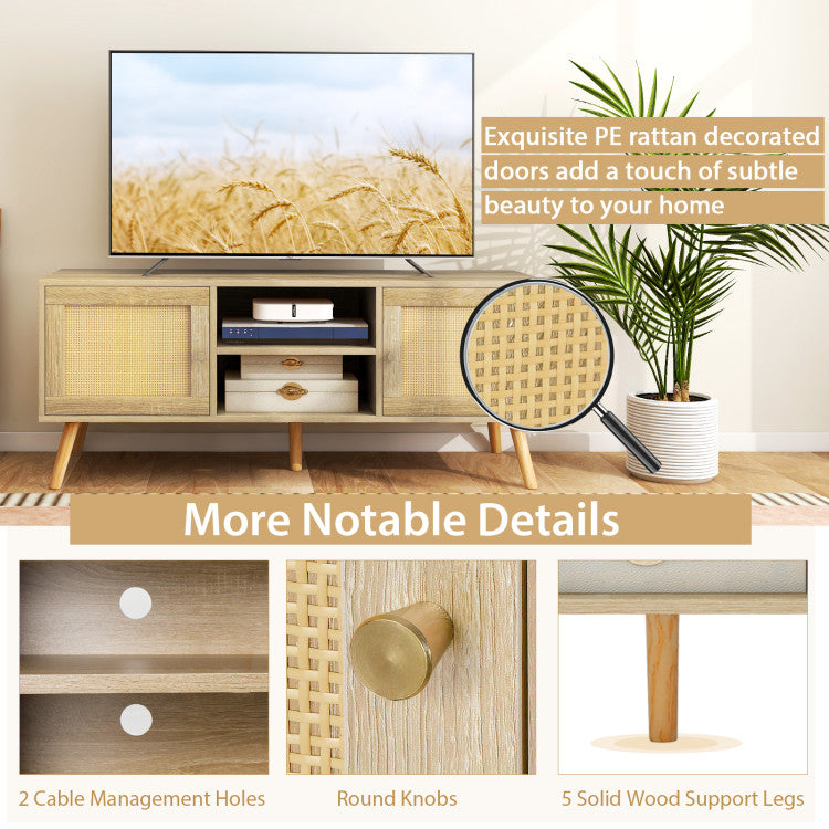 PE Rattan Media Console Table with Two Cabinets and Open Shelves