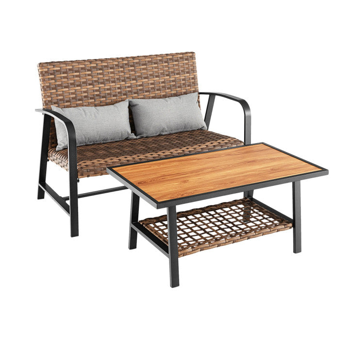 2 Piece Patio Rattan Coffee Table Set with Shelf