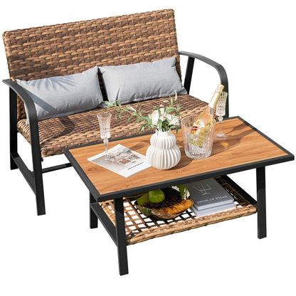 2 Piece Patio Rattan Coffee Table Set with Shelf