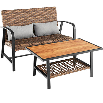 2 Piece Patio Rattan Coffee Table Set with Shelf