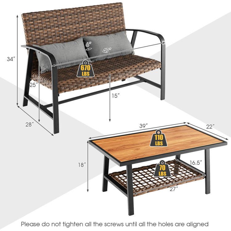 2 Piece Patio Rattan Coffee Table Set with Shelf