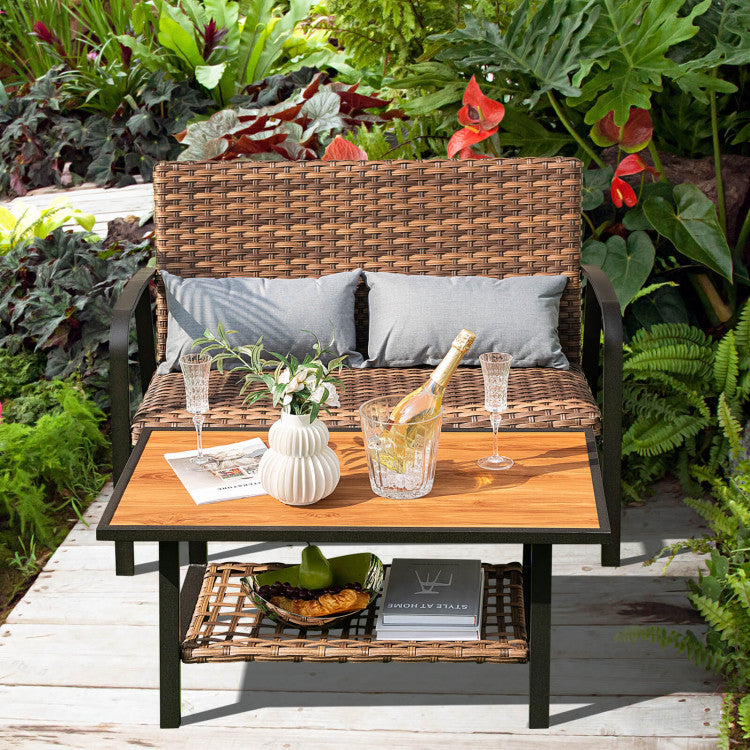 2 Piece Patio Rattan Coffee Table Set with Shelf