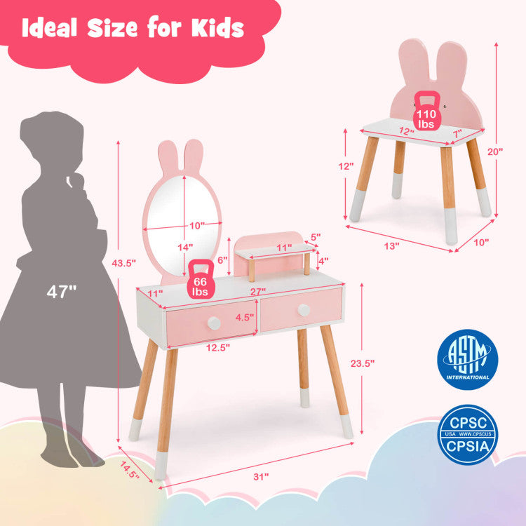Kids Vanity Table and Chair Set with Drawer Shelf and Rabbit Mirror