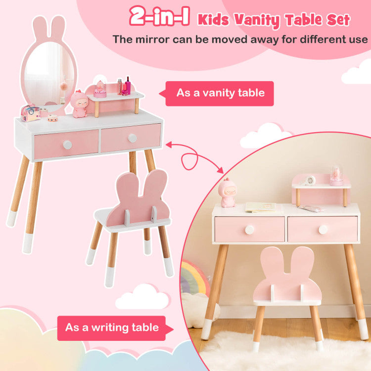 Kids Vanity Table and Chair Set with Drawer Shelf and Rabbit Mirror