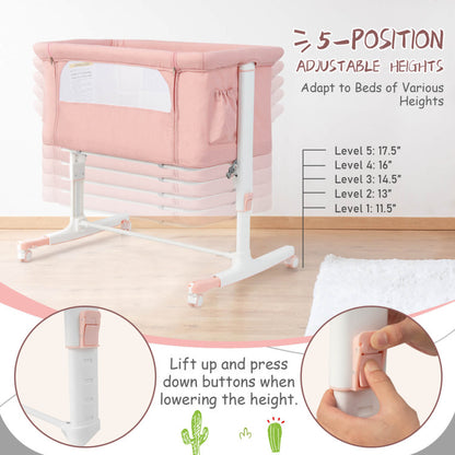 Portable Baby Bedside Bassinet with 5-Level Adjustable Heights and Travel Bag