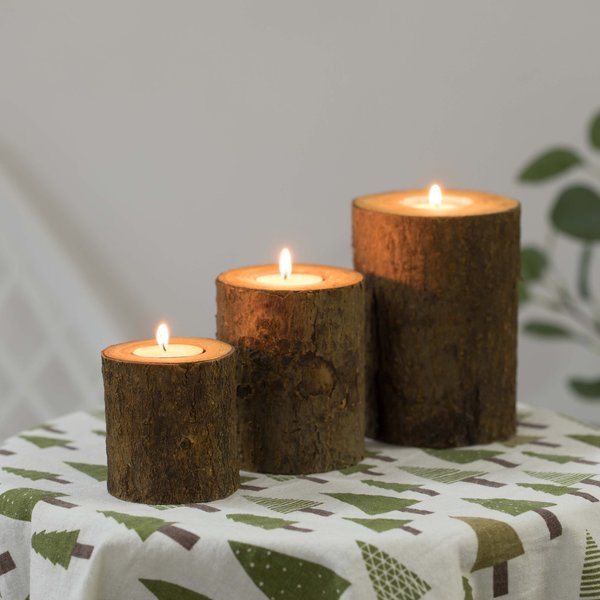 Bark Wooden Pillar Tree Stump Tea Light Rustic Candle Holder, Set of 3