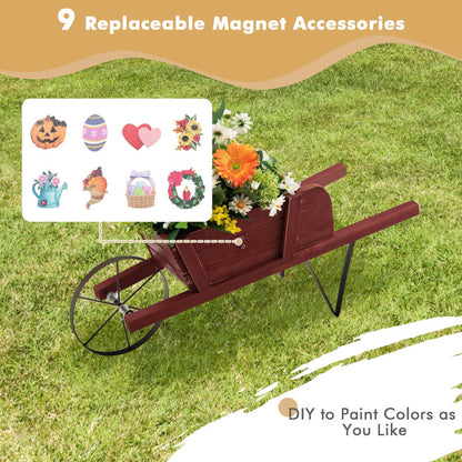 Wooden Wagon Planter with 9 Magnetic Accessories for the Garden Yard