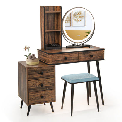 Vanity Table Set with 3-Color Lighted Mirror and Cushioned Stool