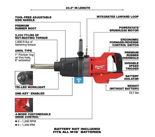 MILWAUKEE TOOL M18 FUEL 1" D-Handle Ext. Anvil High Torque Impact Wrench w/ ONE-KEY - Cordless, Li-Ion, 18V, Brushless Motor, 23 1/4 in