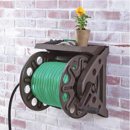 LIBERTY Garden Hose Reel - Wall Mount, Resin, Rubber Grip Handle, Key Hole Design, Storage Shelf, Includes Leader Hose, Bronze, 225 ft Capacity, 6 in