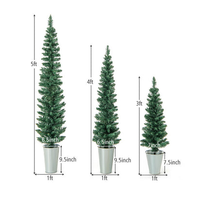 Set of 3 Potted Artificial Christmas Trees with Silver Metal Buckets