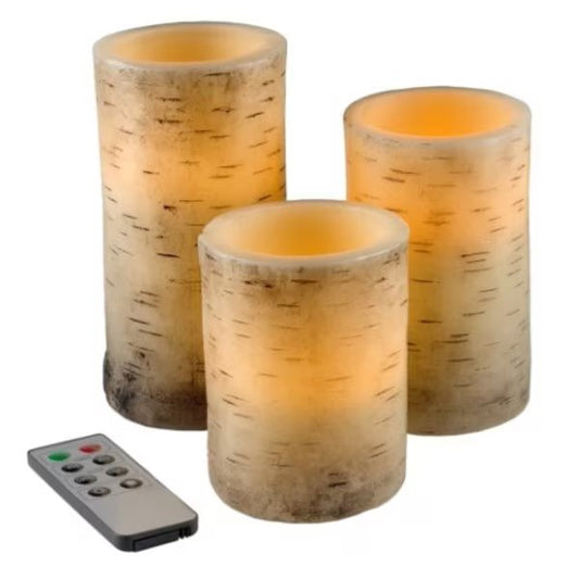 Set of 3 Flickering Flameless LED Candles with Birch Bark, Battery Operated Real Wax Pillar Candles