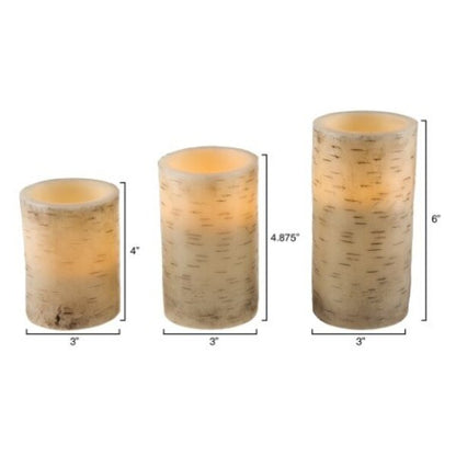 Set of 3 Flickering Flameless LED Candles with Birch Bark, Battery Operated Real Wax Pillar Candles