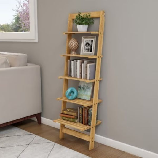 Hastings Home Ladder Bookshelf- 5 Shelves, Leaning Multi-Functional Bookcase in Pickled Oak