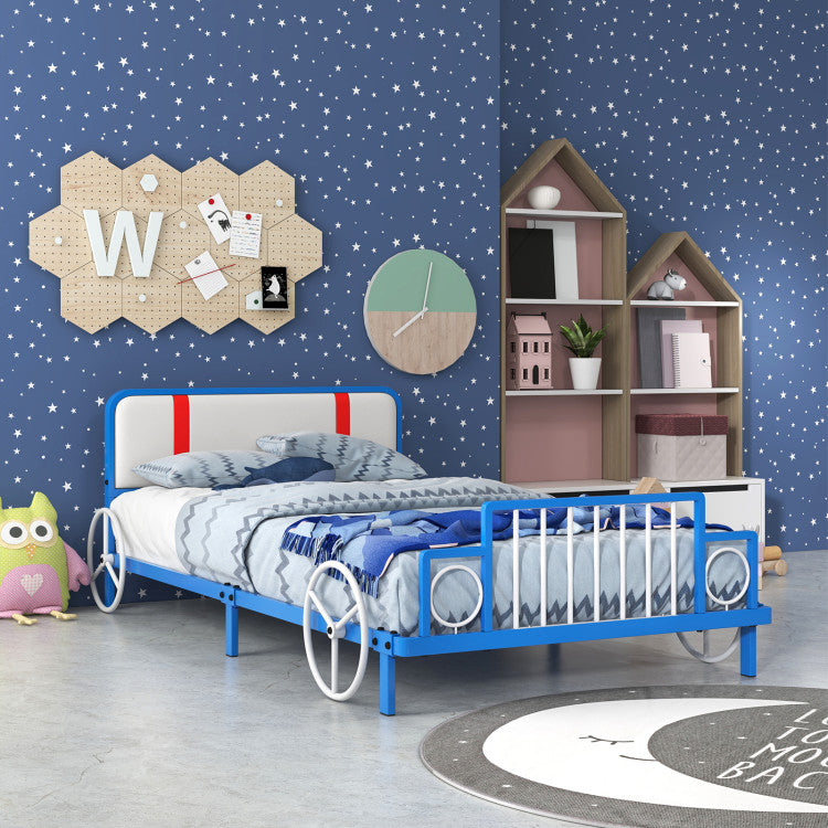 Twin Size Kids Bed Frame: Car-shaped Metal Platform Bed with Upholstered Headboard