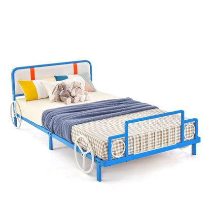Twin Size Kids Bed Frame: Car-shaped Metal Platform Bed with Upholstered Headboard