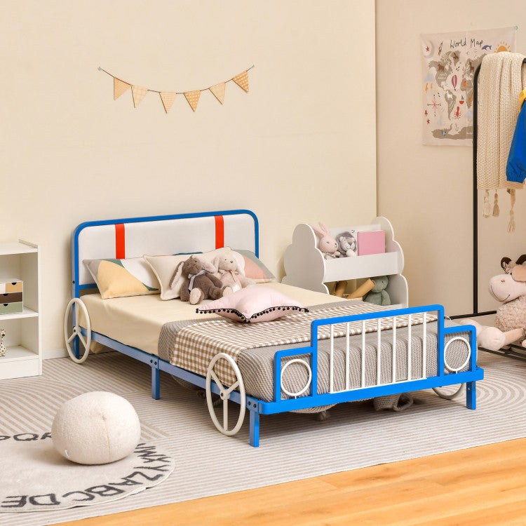 Twin Size Kids Bed Frame: Car-shaped Metal Platform Bed with Upholstered Headboard