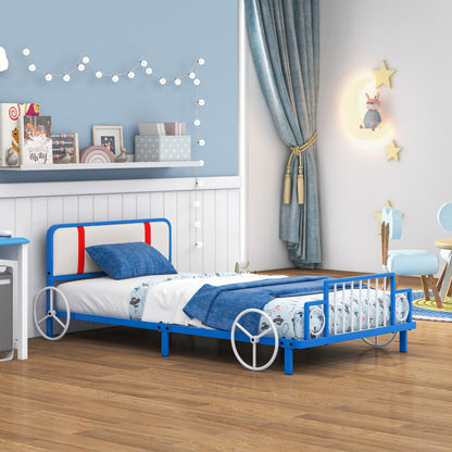 Twin Size Kids Bed Frame: Car-shaped Metal Platform Bed with Upholstered Headboard