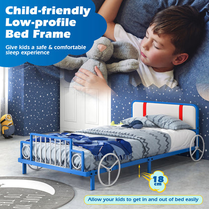 Twin Size Kids Bed Frame: Car-shaped Metal Platform Bed with Upholstered Headboard