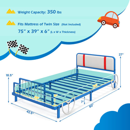 Twin Size Kids Bed Frame: Car-shaped Metal Platform Bed with Upholstered Headboard