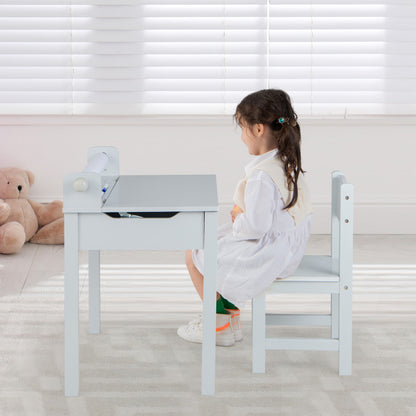 Wooden Kids Table and Chair Set with Storage and Paper Roll Holder